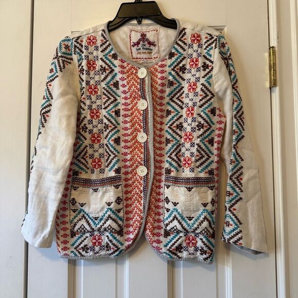 Johnny Was Linen Embroidered Tribal Pattern Button Front Lightweight Jacket Sz S - Picture 1 of 7